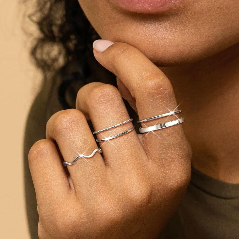 Trendy Hypoallergenic Silver Stackable Rings With… - image 5